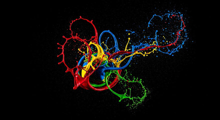 Colorful paint splash art on a black background, creating a vibrant and dynamic abstract composition with red, yellow, blue, and green hues
