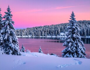 Winter landscape with snowy pine trees, frozen lake, and pink sunset sky in serene mountain scenery