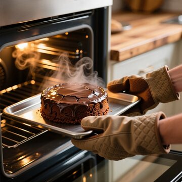 Manos con guantes sacan un reci&eacute;n horneado pastel de chocolate con glaseado derretido y humeante de un horno moderno, capturando el momento perfecto de la reposter&iacute;a casera