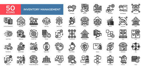 Inventory Management  collection set. Warehouse, Management, Efficiency, Distribution,Stock, Processing , Value, Product, icon. Simple outline vector illustration