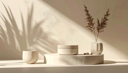 Minimalist product mockup featuring ceramic cosmetic containers on a concrete podium, with natural sunlight and plant shadows on a neutral background