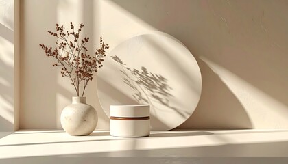 Natural cosmetic cream jar mockup on a sunlit shelf with a rustic vase of dried flowers, creating a warm, cozy, and minimalist aesthetic