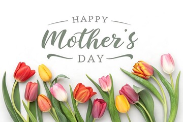 Happy Mothers Day with Colorful Tulip Flowers and Elegant Script Text Greeting Card Celebration