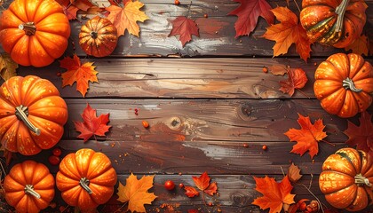 Rustic autumn background with a border of pumpkins and colorful maple leaves on a weathered wooden texture, creating a cozy harvest scene