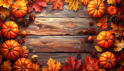 Autumnal harvest border with vibrant pumpkins and colorful fall leaves on a rustic wooden background, a warm and earthy seasonal composition
