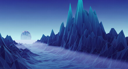 A digital rendering of a cold, blue, low poly mountain range with a misty valley and a moon in the distance a tranquil and surreal landscape