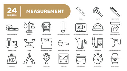 Set of collection line icons related measure, scale, measure tools. Editable stroke. Perfect pixel on transparent background