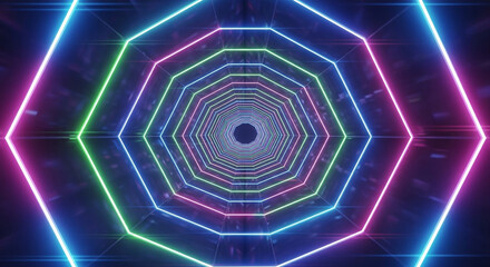Abstract neon tunnel with geometric shapes, creating a futuristic and immersive experience, perfect for backgrounds and visual effects in digital art