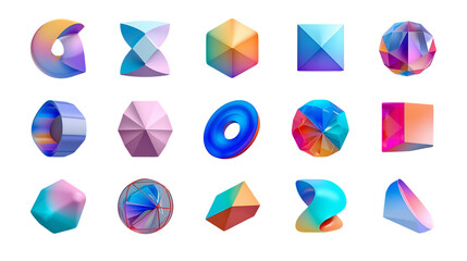 Collection of Abstract Geometric Shapes with Vibrant Gradient Colors on a Black Background Art Illustration