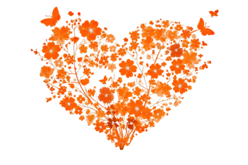 Floral heart, orange flowers with butterflies on black background