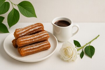 Churros. Churros on a plate with hot chocolate sauce. A traditional Spanish dessert. Street fast food.