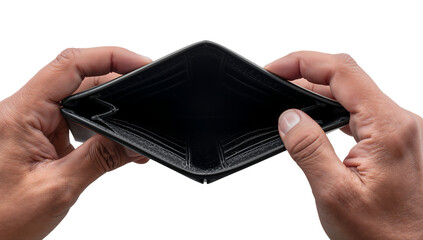 Empty black leather wallet in hands symbolizing financial difficulty or lack of funds and spending limits issues concept