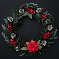 Festive Christmas Wreath with Poinsettia Pine Cones and Red Berries on Dark Background Perfect for Holiday Season Greetings and Decorations