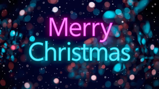 bokeh effect photography of Modern neon Christmas typography background featuring Merry Christmas in bold neon pastel pink and teal hues set against a deep dark navy blue backdrop with subtle snow dus
