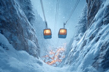 Alpine cable cars drifting over a frozen gorge under falling snow