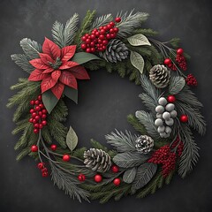 Festive Christmas Wreath with Poinsettia Pine Cones and Berries on Dark Background Holiday Decoration