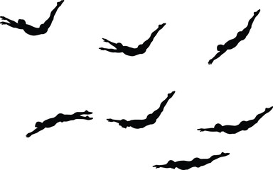 Diving silhouettes, athlete dive sequence, water sports illustration, swimming competition art, graceful motion study, aquatic performance design, athletic biomechanics, dynamic movement