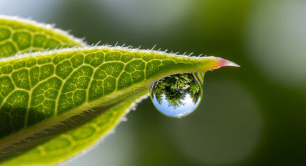 Closeup of a water droplet clinging to the edge of a vibrant green leaf, reflecting a miniature world within its delicate form