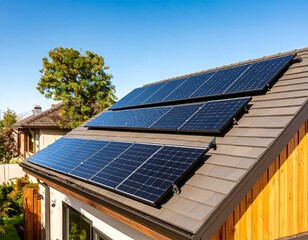 Fototapeta premium Solar panels installed on a modern home roof under clear blue sky