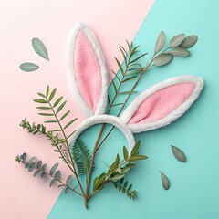 Pastel Easter Arrangement Bunny Ears and Greenery on Pink and Blue Background Happy Spring Holiday Still Life Flat Lay Composition