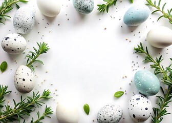Pastel Easter Eggs with Rosemary Twigs on White Background Copy Space for Text Invitation Card Concept