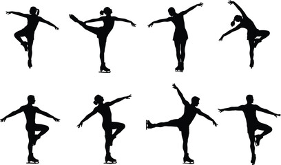 Figure skater silhouettes, ice skating poses and spins, winter sports illustration, graceful movement, athletic balance, artistic choreography, performance art design