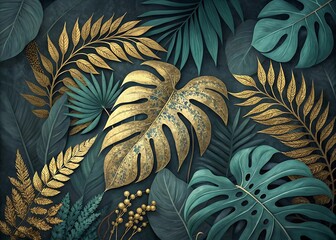 Luxury Tropical Foliage with Golden Accents for Elegant Interior Decor and Nature Inspired Designs