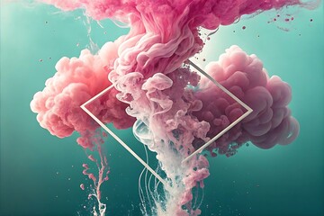 Abstract Pink Smoke with a Modern Square Frame on Teal Background Artistic Concept Image
