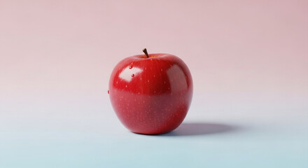 A shiny red apple is isolated on a pink and blue gradient background, casting a soft shadow, showcasing its smooth skin and vibrant color