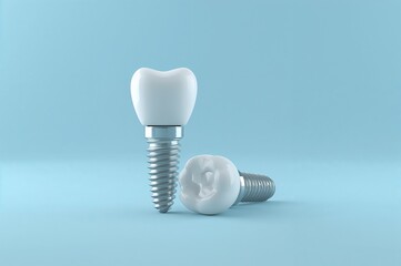 Dental Implants on Light Blue Background Showing Modern Dentistry and Oral Health Solutions for Missing Teeth and Reconstruction