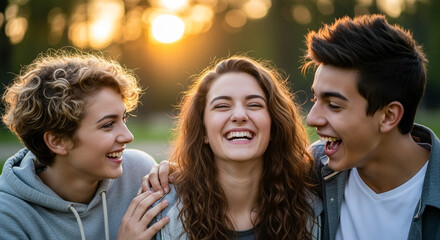 Three cheerful teenagers are laughing together outside in the park at sunset, having fun and enjoying each others company in the nature
