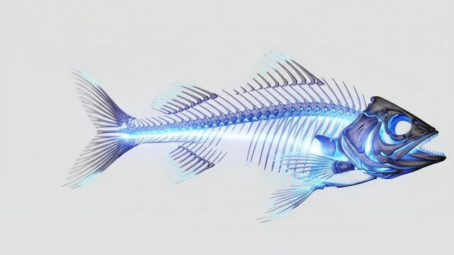 A futuristic biological visualization of a fish skeleton, with its glowing blue bones revealed through an advanced x-ray scan on a white background