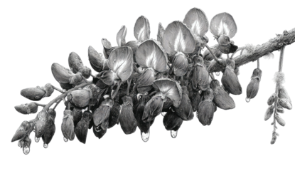 Blossoming branch small, closed flowers in clusters, monochrome image