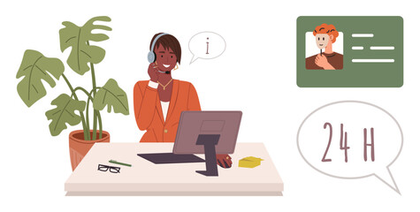 Smiling agent wearing a headset at desk with computer, communication icons, and plant. Ideal for customer support, help desk, 247 services, communication, teamwork, remote work simple flat metaphor
