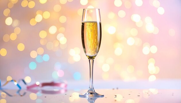A champagne flute filled with bubbly wine sits on a reflective surface with party glasses and confetti, against a vibrant bokeh background of colorful lights for New Year's Eve celebrations. - Powered by Adobe