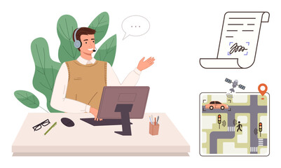 Man with headset explaining tools at desk with digital document and navigation map. Ideal for technology, customer service, communication, online support, navigation, digital solutions, simple flat