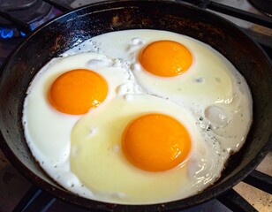 Three Sunny-Side Up Eggs Cooking in a Skillet on a Stove