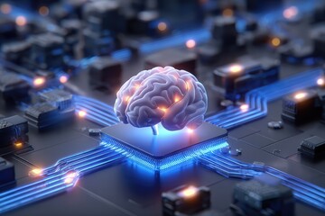Obraz premium Artificial Intelligence Brain on Circuit Board Futuristic Cyber Processor Concept.