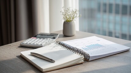 Stylish office desk with planner, laptop, and pen near window light, editorial image highlighting productivity, focus, and the modern balance of work and comfort culture