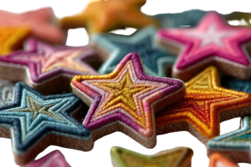 Stack of colorful, yarn-embroidered star decorations on neutral textured surface