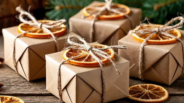 Holiday presents wrapped in kraft paper, tied with twine, arranged on a rustic wooden table with dried orange slices