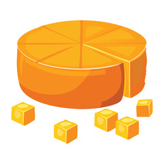 A large, round wheel of orange cheddar cheese accompanied by perfectly cut small cubes for a party or tasting event - Vector Illustration