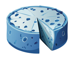 A rich, whole blue cheese wheel with a single wedge cut out, showcasing its distinctive and pungent marbled texture - Vector Illustration