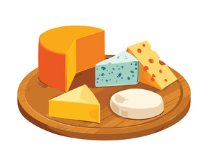 An appealing cheese assortment featuring orange, light yellow, and a distinct blue cheese wedge on a simple, elegant wooden serving platter - Vector Illustration