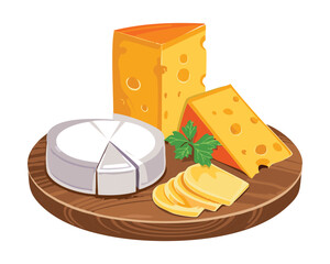 A diverse arrangement of cheese varieties including orange blocks, a white round wheel, and green garnish on a rustic wooden board - Vector Illustration