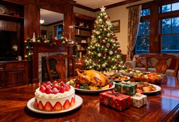 美しく輝くクリスマスツリーと苺のケーキと色とりどりの料理