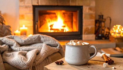 A steaming mug of hot chocolate with cinnamon sticks rests on a rustic wooden table beside a warm, cozy, glowing, fireplace and festive golden lights.