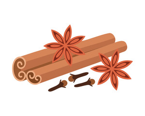 Aromatic grouping of cinnamon sticks, star anise, and whole cloves, a trio of warm, pungent spices used widely in global festive recipes - Vector Illustration