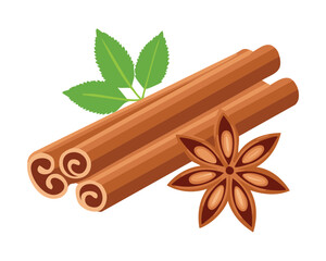 Essential whole cinnamon sticks and star anise pods, a classic pairing of sweet, warm spices for festive baking, beverages, and desserts - Vector Illustration