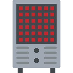 Gray electric heater with red glowing heating elements and black knobs in a rectangular shape on a transparent background